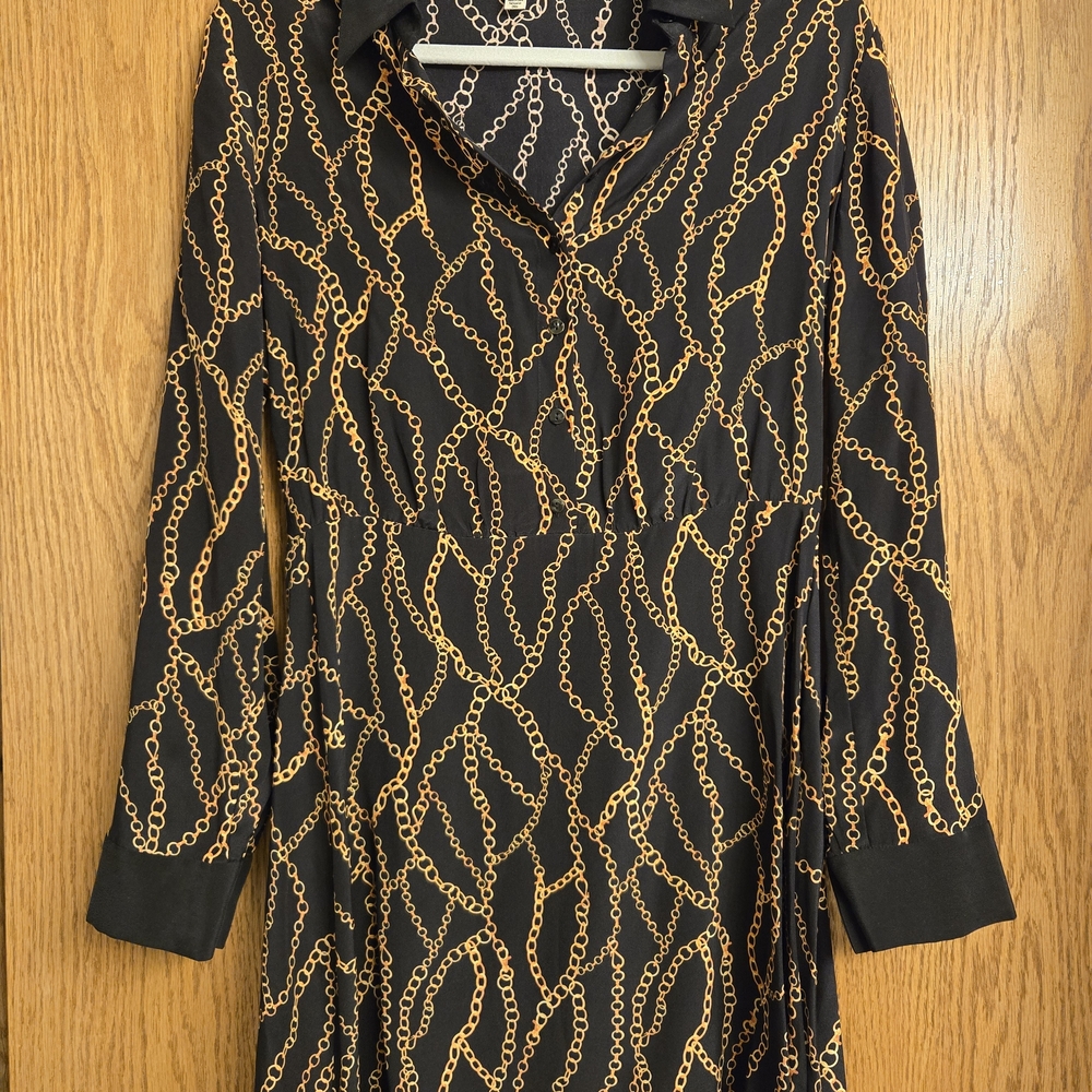 L'AGENCE Silk Black & Gold Dress with Chain Link Pattern